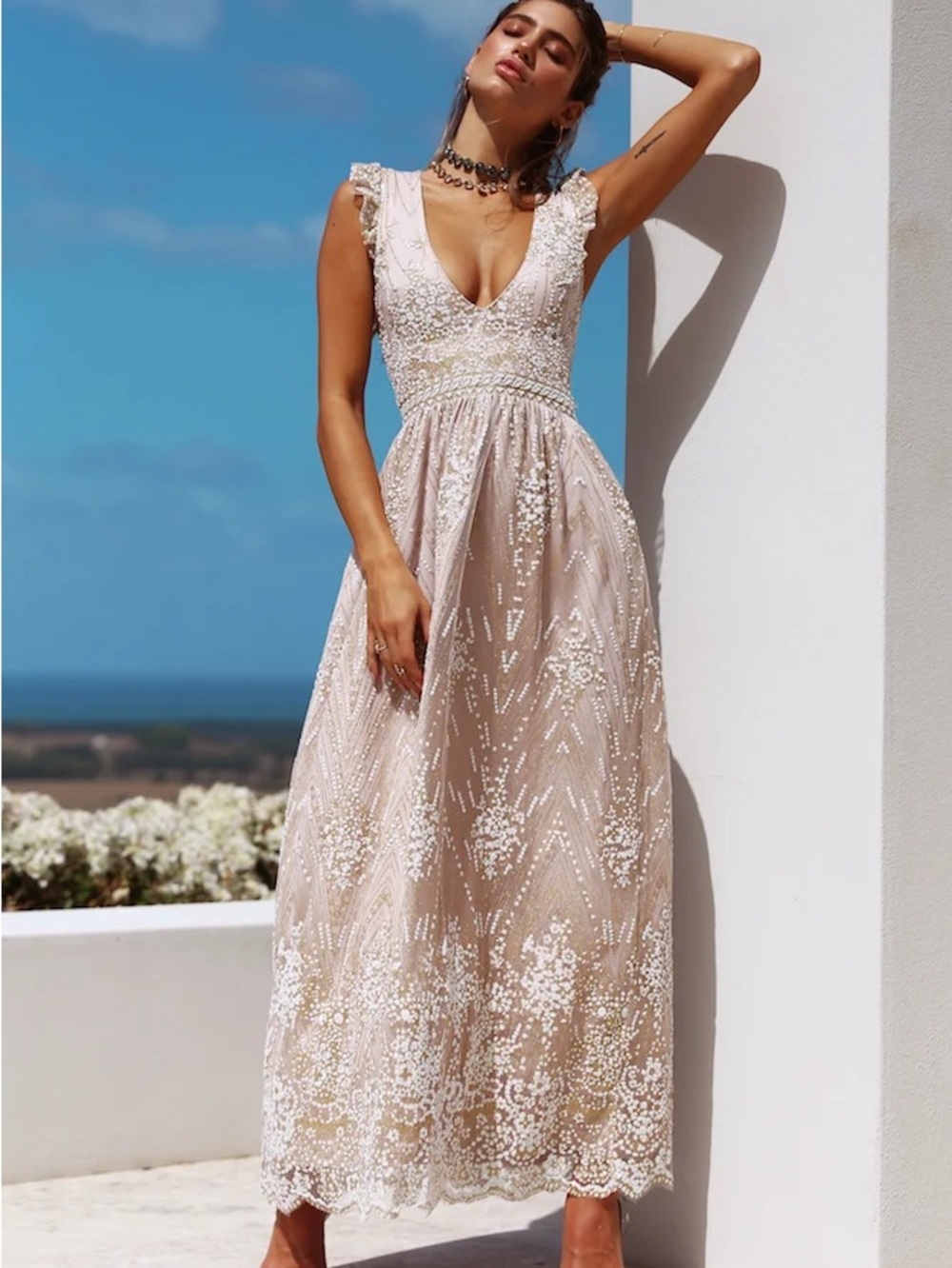 Hello Molly Embellished V-Neck Maxi Dress in Blush Champagne/cream/tan